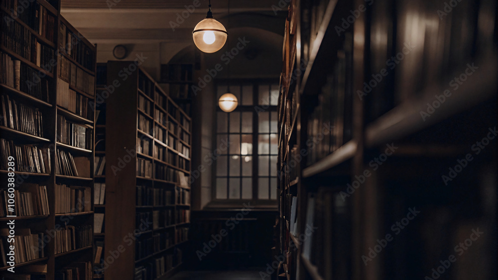 Fototapeta premium Row of well-worn books line the antique bookshelves in library, promising a world of forgotten knowledge