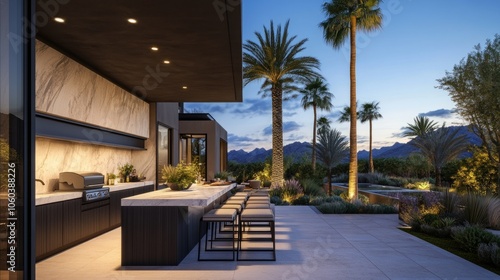 Modern outdoor kitchen with bar seating, grill, and view of tall palm trees, set in a luxurious new home exterior
