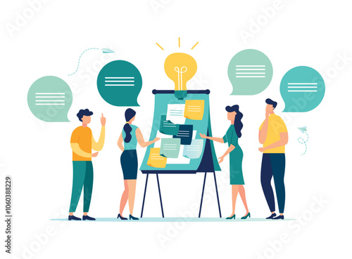 Seminar or business discussion, meeting or brainstorming of a new idea, training course lesson, business people in the conference room of the seminar and stickers for notes, vector illustration