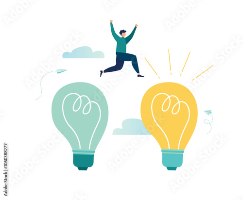 Business transformation, change management or transition to better innovative company, improvement and adaptation to new normal concept, smart businessman jump from old to new shiny lightbulb idea