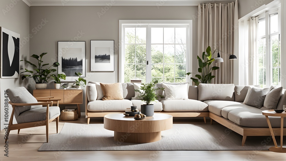 Fototapeta premium Bright and Airy Living Room with Stylish Neutral Palette, Plush Seating, and Abundant Greenery for a Fresh Look (77)