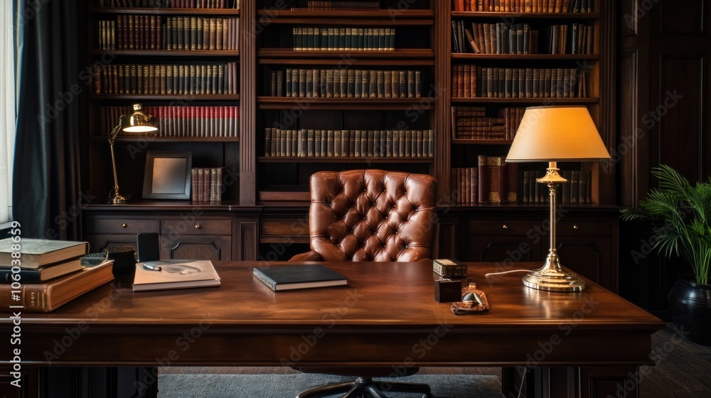 A classic wooden desk with a leather chair, books, and a lamp in a library setting. A classic wooden desk with a leather chair, books, and a lamp in a library setting.
