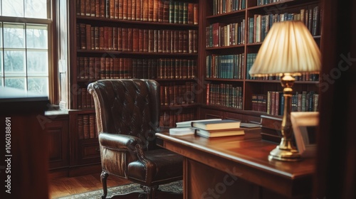 A cozy reading nook in a classic library with a leather armchair, a desk with books and a lamp.