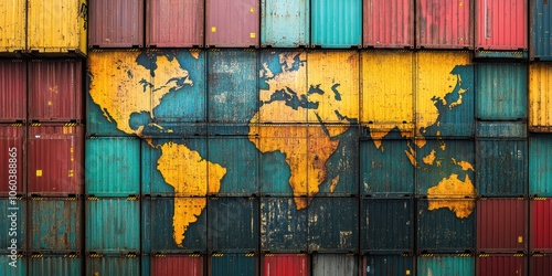 Global Trade Transforms Through Shipping Containers at a Busy Port Highlighting International Trade Routes on a World Map photo