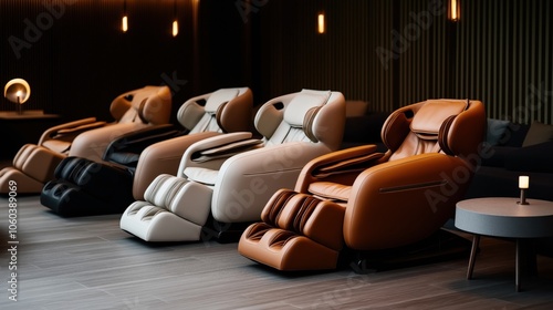 Row of modern massage chairs in a dimly lit lounge with a relaxed ambiance photo