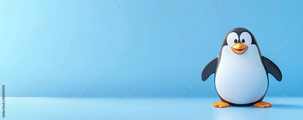 Obraz premium Playful penguin beside white mockup board, ice-themed, 3D illustration