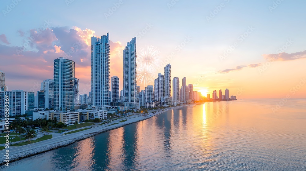 Sunrise illuminates urban skyline over tranquil waters of coastal city Sunrise illuminates urban skyline over tranquil waters of coastal city