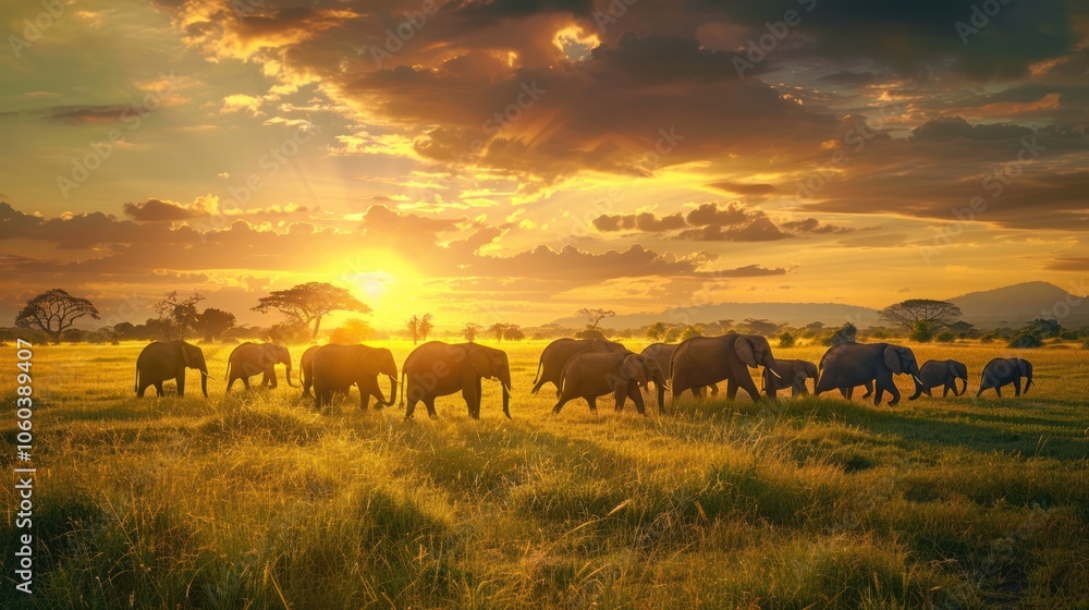 Wildlife scene with a herd of elephants walking across the savannah at dawn Wildlife scene with a herd of elephants walking across the savannah at dawn