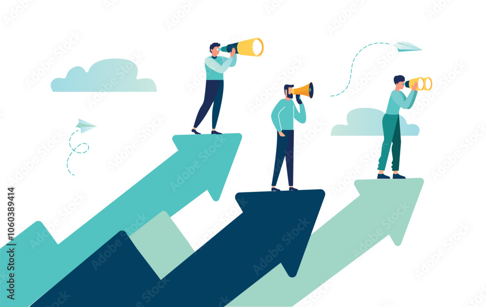 teamwork vision path goal success. study horizons company work finding ways develop. people stand profit, growth arrows look binoculars, big telescope spyglass in search new ideas vector illustration teamwork vision path goal success. study horizons company work finding ways develop. people stand profit, growth arrows look binoculars, big telescope spyglass in search new ideas vector illustration