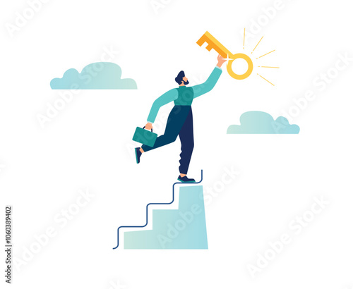 Business success, achievement or self-realization of a business goal, the concept of reward and motivation, a businessman climbs the ladder to the top to receive a star award, vector illustration