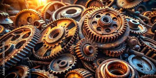 A symphony of rusted gears, each tooth a testament to time and tireless work, bathed in the golden glow of a setting sun.