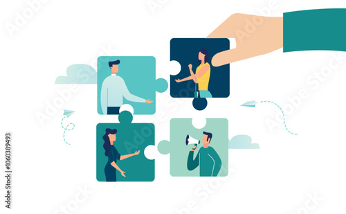 teamwork to find a solution, assign the right person to the right job, human resources department by the hand of a businessman, connect a puzzle, vector illustration