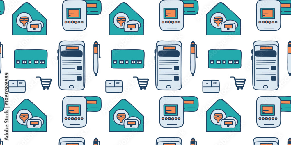 Seamless pattern with illustration of modern electronic devices and gadgets, minimalistic design, technology icons Seamless pattern with illustration of modern electronic devices and gadgets, minimalistic design, technology icons