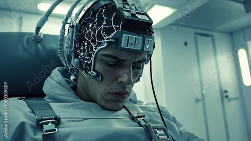 A man sits strapped in a chair, wearing a head device with wires and tubes, inside a sterile-looking room