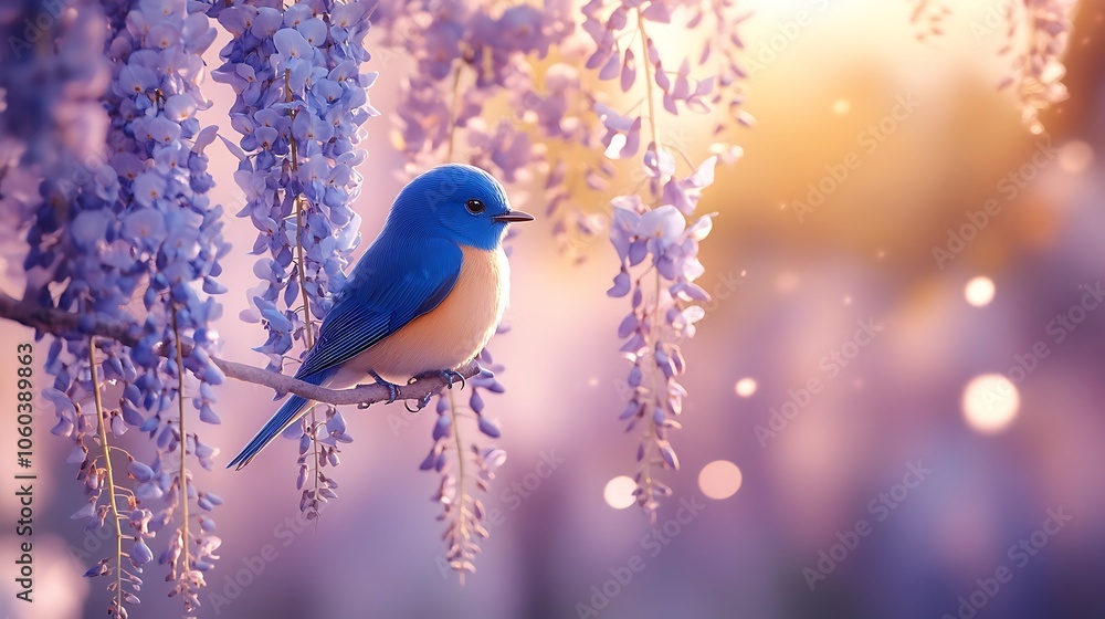 Bright bluebirds perched gracefully among cascading wisteria, vibrant blue feathers contrasting with delicate purple blossoms, soft sunlight filtering through, intricate details, Bright bluebirds perched gracefully among cascading wisteria, vibrant blue feathers contrasting with delicate purple blossoms, soft sunlight filtering through, intricate details,
