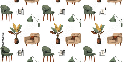 Seamless pattern with illustration of a room in boho style with an armchair, indoor plants and warm flowers