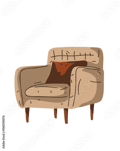 Beige armchair with a cozy brown pillow, set in a modern minimalist living room, emphasizing comfort and elegance