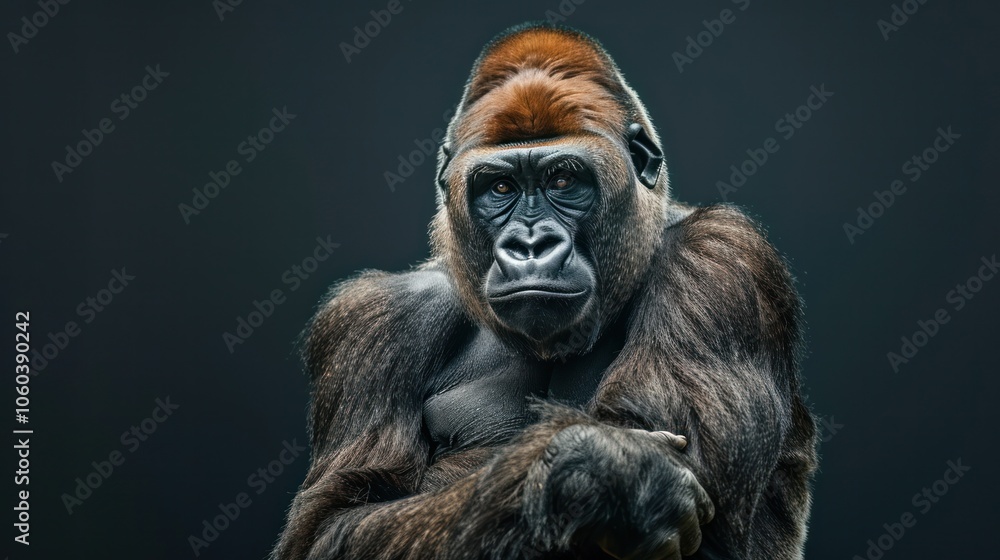Wild animals doing human-like poses, a gorilla sitting with its arms crossed Wild animals doing human-like poses, a gorilla sitting with its arms crossed