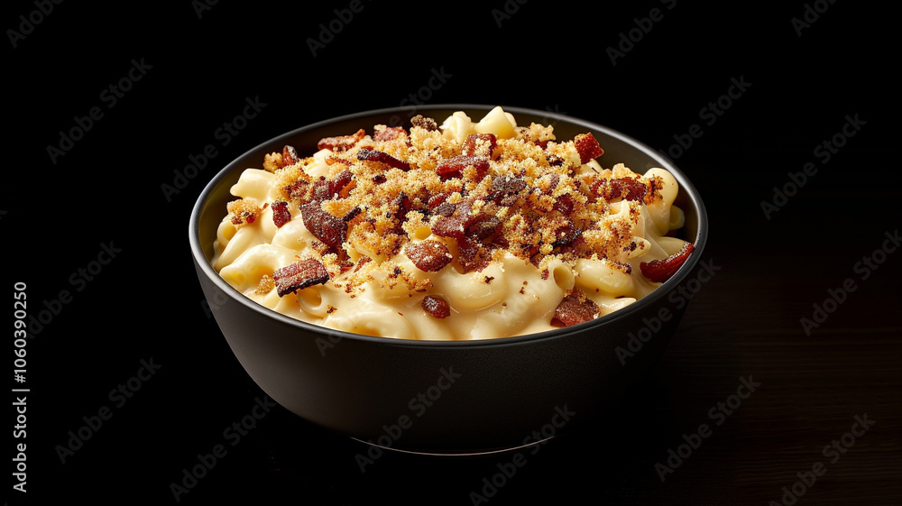 A comforting bowl of rich and creamy mac and cheese adorned with crunchy bacon bits and a sprinkle of toasted breadcrumbs on top A comforting bowl of rich and creamy mac and cheese adorned with crunchy bacon bits and a sprinkle of toasted breadcrumbs on top