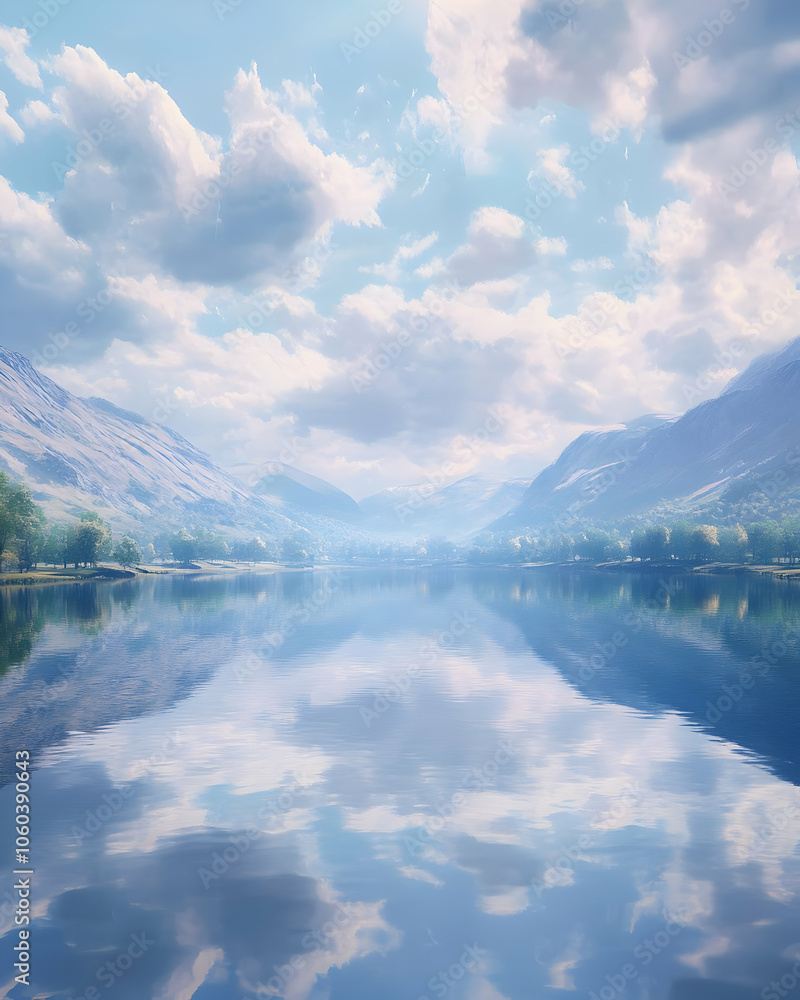 Serene Mountain Lake with Clouds Reflection - Digital Illustration Serene Mountain Lake with Clouds Reflection - Digital Illustration