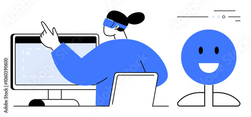 Person wearing VR headset pointing at computer screen while interacting with virtual content, accompanied by a smiling emotion icon. Ideal for technology, virtual reality, innovation, user interface