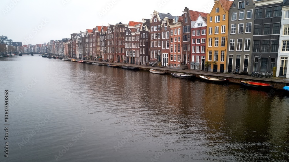 Naklejka premium A picturesque view of Amsterdam's charming canals and historic houses on a sunny day, bustling with boats and vibrant life