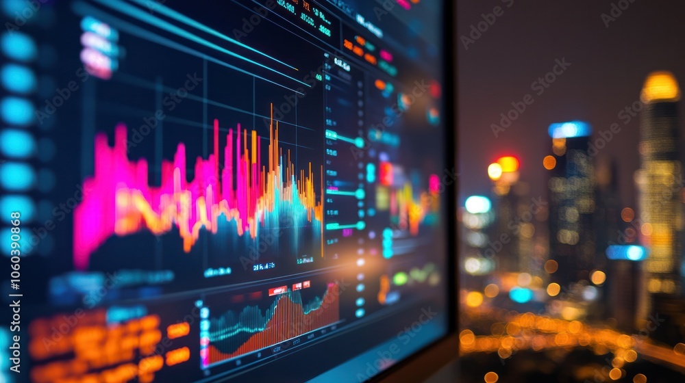 Obraz premium a large monitor showing colorful financial charts and data metrics with a city skyline in the background Emphasis