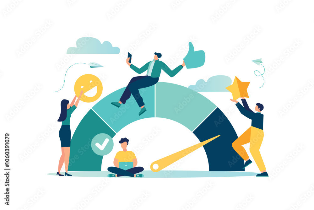 Φωτογραφία employee engagement and motivation, featuring businesspeople celebrating success icons like thumbs up, stars, smiley face