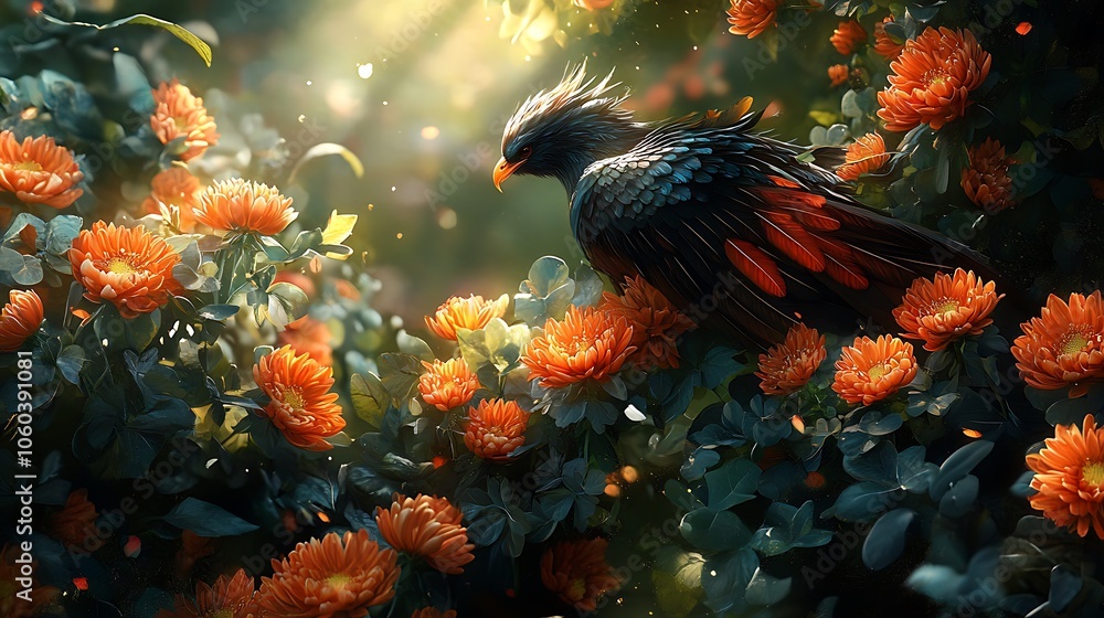 Close-up of a phoenix nestled among chrysanthemums, vibrant feathers and delicate petals intertwined, sunlight filtering through lush green leaves, highly detailed and mystical floral setting. Close-up of a phoenix nestled among chrysanthemums, vibrant feathers and delicate petals intertwined, sunlight filtering through lush green leaves, highly detailed and mystical floral setting.