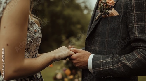 A bride and groom hold hands during their wedding ceremony, a symbol of their commitment to each other. photo