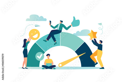 employee engagement and motivation, featuring businesspeople celebrating success icons like thumbs up, stars, smiley face. It represents job satisfaction, productivity, commitment vector illustration 
