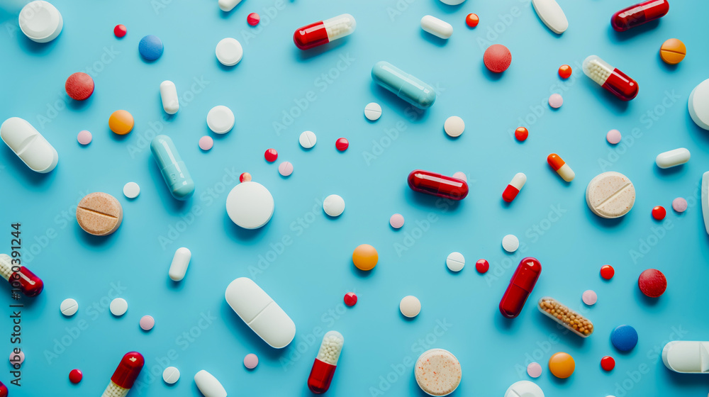 Scattered tablets and capsules in various colors and shapes create vibrant display on blue background, showcasing diversity of medications and supplements Scattered tablets and capsules in various colors and shapes create vibrant display on blue background, showcasing diversity of medications and supplements