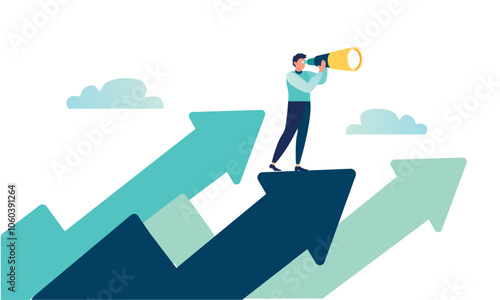 teamwork vision path goal success. study horizons company work finding ways develop. people stand profit, growth arrows look binoculars, big telescope spyglass in search new ideas vector illustration
