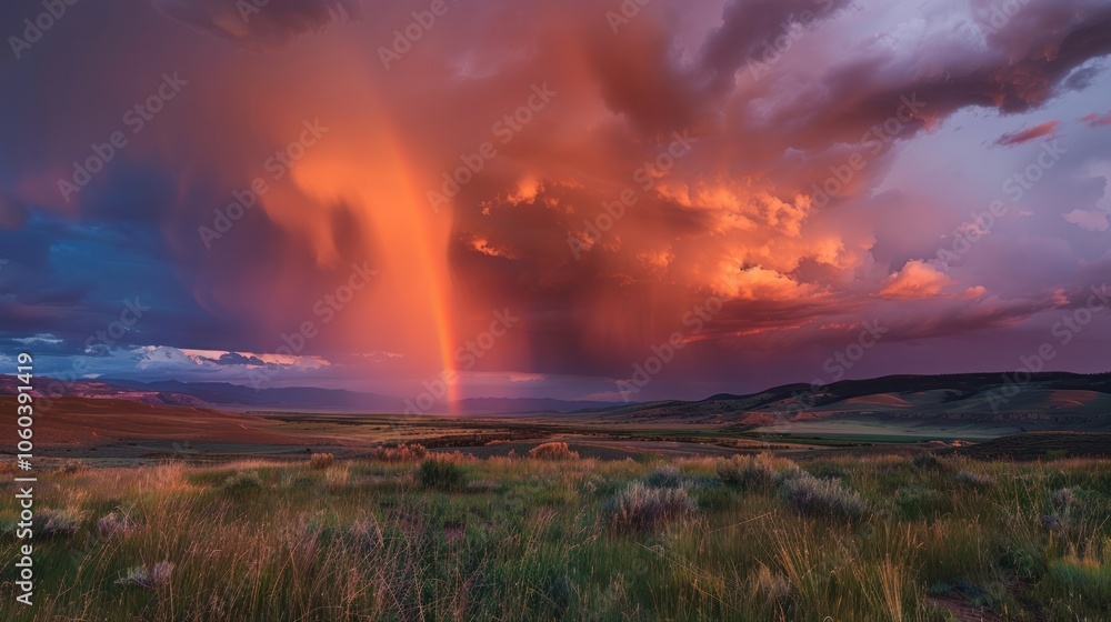 Naklejka premium Storm clouds parting to reveal a rainbow, a sign of hope after the storm