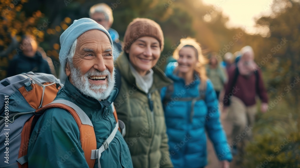Smiling people taking a nature walk, exploring trails and breathing fresh air Smiling people taking a nature walk, exploring trails and breathing fresh air