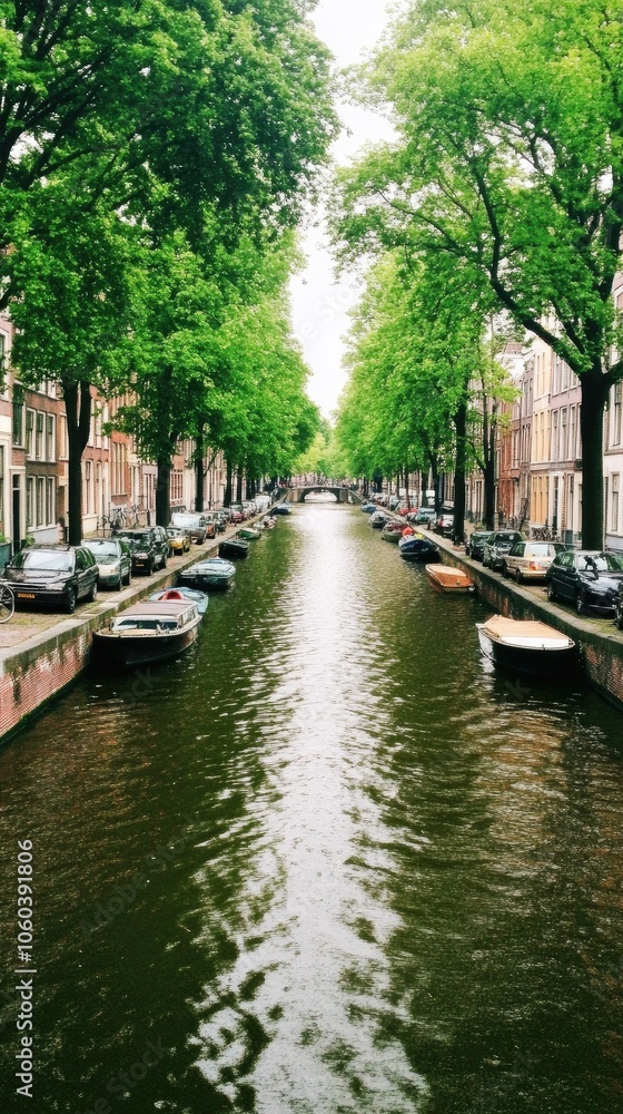 Fototapeta premium Explore the enchanting summer canals of Amsterdam with traditional houses and vibrant greenery lining the waterways