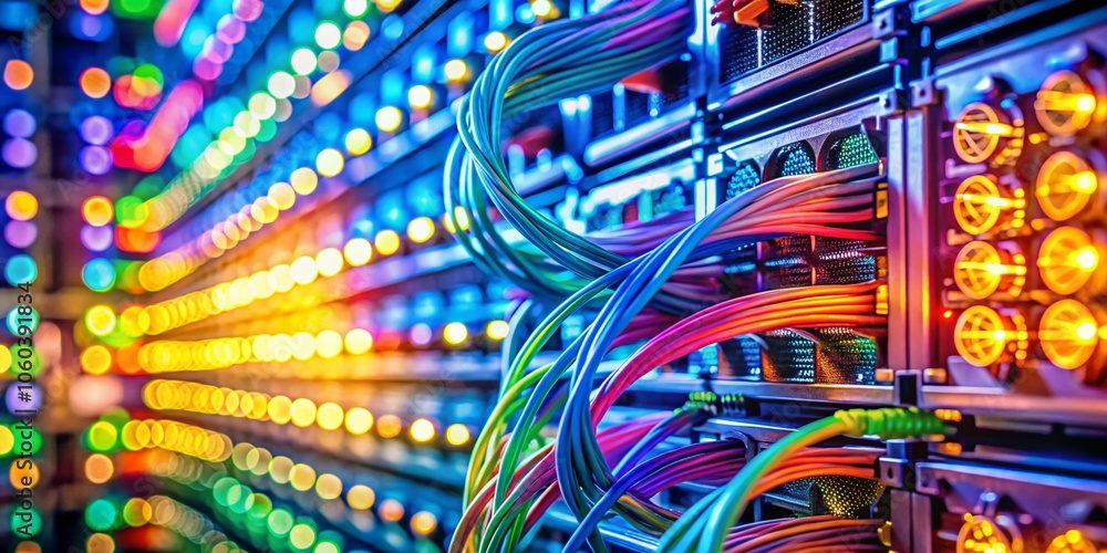Abstract Close-Up of Network Cables and Server Racks in Data Center with Bokeh Effect for Tech Visuals Abstract Close-Up of Network Cables and Server Racks in Data Center with Bokeh Effect for Tech Visuals