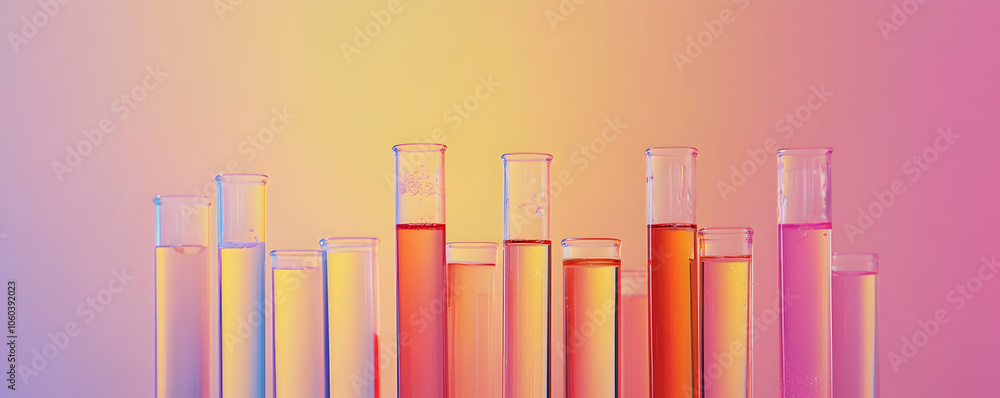 Group of test tubes with colorful liquids on gradient background Group of test tubes with colorful liquids on gradient background