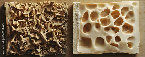 Healthy bone compared with osteoporotic bone photo