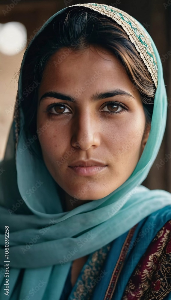 Young woman 25 years old, draped in a beautifully patterned scarf, appears contemplative at a community gathering in Afghanistan. Her expression reflects a mix of strength and serenity. Generative AI Young woman 25 years old, draped in a beautifully patterned scarf, appears contemplative at a community gathering in Afghanistan. Her expression reflects a mix of strength and serenity. Generative AI