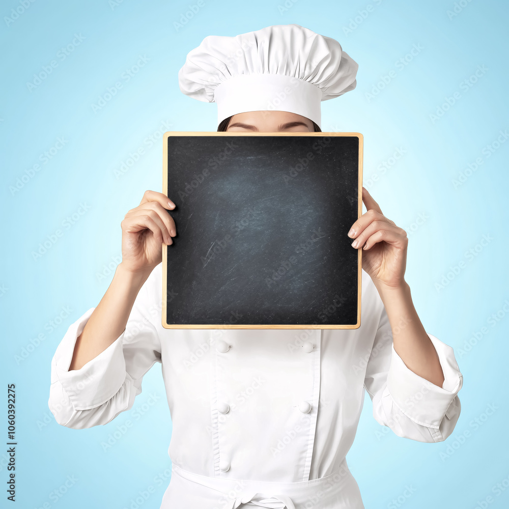 female chef hiding behind blank blackboard on blue background with copyspace