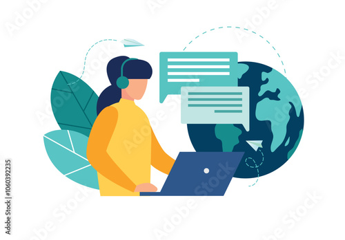 Vector illustration, customer service, hotline operator advises customer, online global technical support 247, customer and operator vector