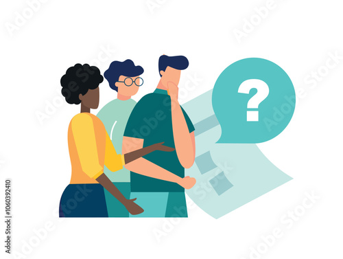 Vector illustration, concept illustration of people frequently asked questions around question marks, answer to question metaphor - vector