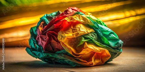 A crumpled ball of colorful tissue paper, a vibrant symphony of green, yellow, red and orange, creates an abstract shape against a soft golden backdrop. photo