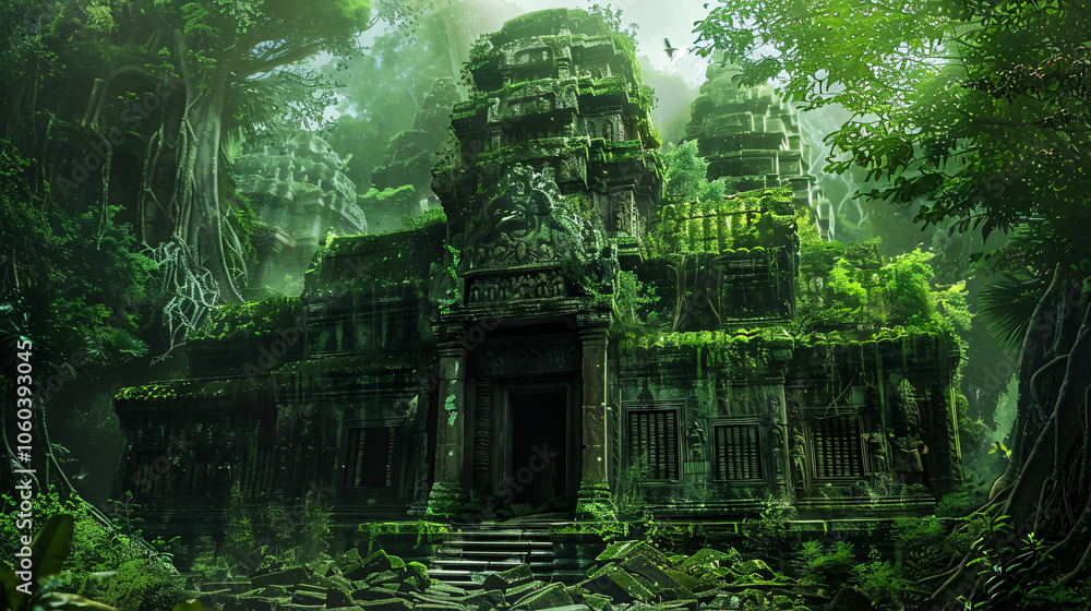 An ancient temple hidden in the jungle, overtaken by lush greenery and vines. An ancient temple hidden in the jungle, overtaken by lush greenery and vines.