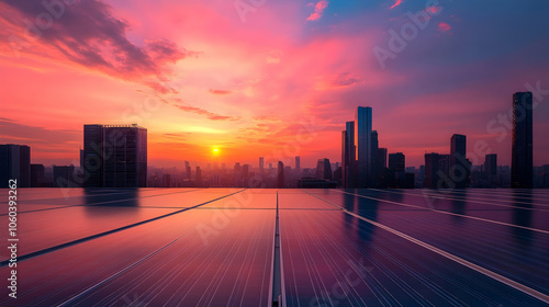 Solar panel installation on a warehouse roof with city skyline view