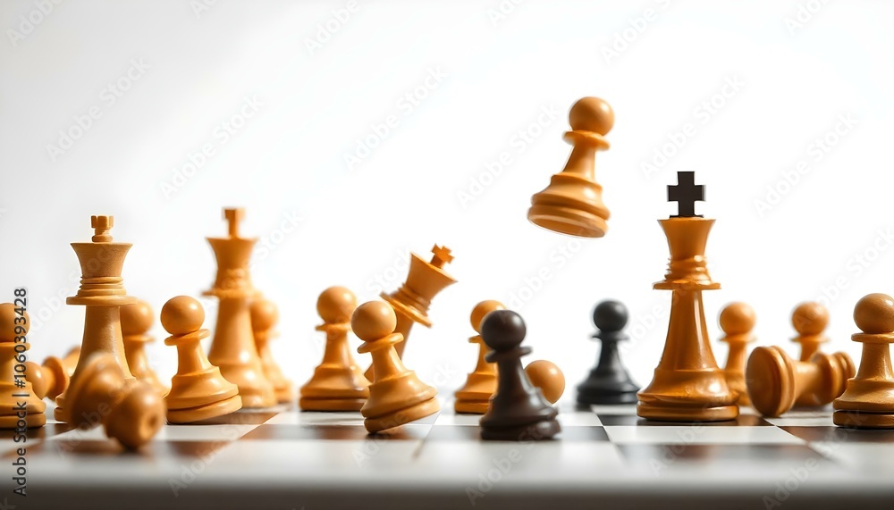 Classic wooden chess pieces, a pawn and a king, cascading in slow motion above a polished marble chess board, isolated on a white background. Classic wooden chess pieces, a pawn and a king, cascading in slow motion above a polished marble chess board, isolated on a white background.