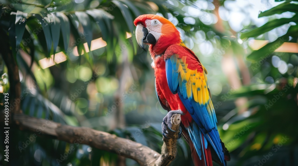 Exotic animals such as a parrot with vibrant feathers perched in a tropical tree Exotic animals such as a parrot with vibrant feathers perched in a tropical tree