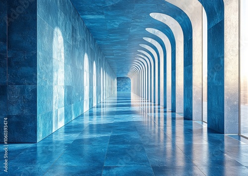 A serene blue corridor with arches and large windows, reflecting light and creating depth.