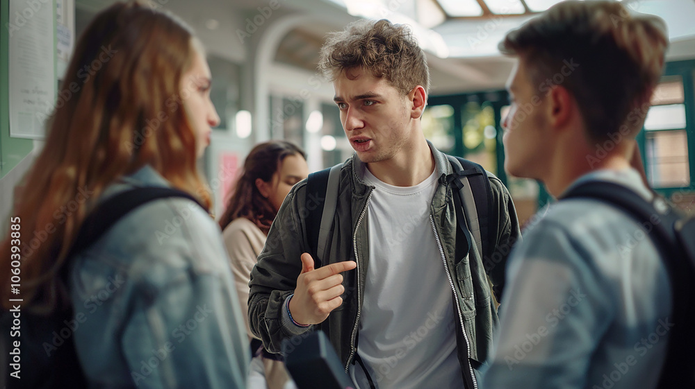 Fototapeta premium As a dispute escalates, a teacher separates two students, recognizing that one is the victim of targeted bullying.